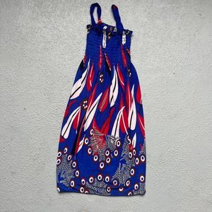 Y2K Retro Blue White and red feather print midi‎ dress size M